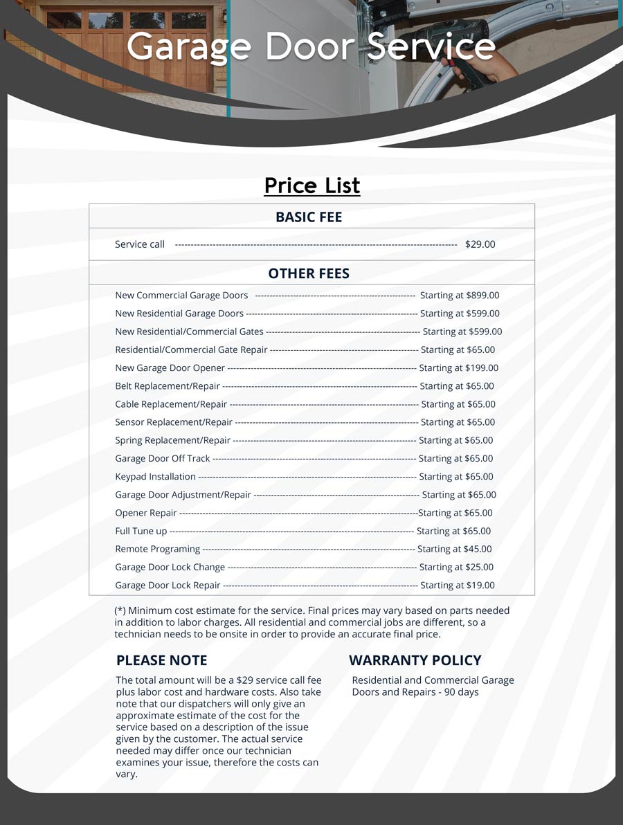 Price List United Garage Door Service